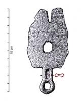 RSR-1011 - Rasoir à double tranchant : type Mailhac IbronzeRasoir à double tranchant; la lame de forme ovale présente un ajour central le plus souvent subcirculaire et une échancrure distale. Le manche est ajouré et terminé le plus souvent par un anneau. 
