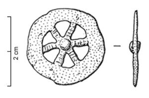 RUL-4021 - Rouelle à six rayonsbronzeTPQ : -50 - TAQ : -15Rouelle en bronze à 6 rayons, dont le diamètre est compris entre 20 et 26 mm. Le moyeu est marqué par un globule.