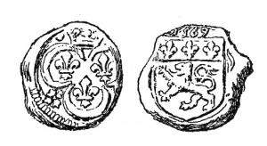 SCL-9015 - Sceau de douane : Lyon, Charles IXplombTPQ : 1569 - TAQ : 1569Sur une face, trois fleurs de lis dans un trilobe, sous une couronne (cercle de grènetis); autre face, armes de la ville de Lyon (lion à gauche, sous une bande à trois fleurs de lis), sous une date (1569...).