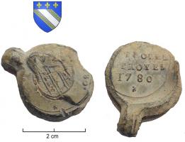 SCL-9044 - Plomb fiscal : TroyesplombPlomb à languette, avec les armes de Troyes et 1780 sur une face; au revers, CONTROLE /TROYES / 1780.