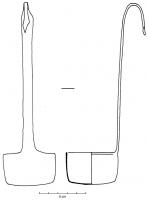 SPL-4012 - Simpulum à fond légèrement aplatibronzeSimpulum à manche vertical, plat et terminé par un crochet zoomorphe très stylisé; la vasque cylindrique possède un fond légèrement aplati mais sans plan de pose.