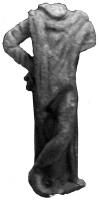 STE-4218 - Statuette : AttisbronzeStatuette en bronze représentant Attis debout, appuyé (sur une lance ?) à gauche et tendant un e ptère de la main droite.