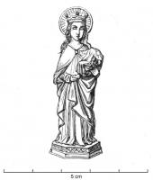 STE-9005 - Statuette : Vierge MarieplombTPQ : 1200 - TAQ : 1350La Vierge Marie debout, vêtue d'un long manteau dont les plis couvrent tout le bas du corps, tenant  l'Enfant Jésus dans ses bras, la tête couronnée et entourée d'un nimbe à rayons.