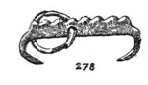 AGR-5018 - Agrafe à double crochet type 2.A.10bronzeAgrafe à double crochet, caractérisée par un corps rectiligne, de section massive, quadrangulaire et verticale, prolongée de chaque côté par deux extrémités effilées et ramenées vers l'intérieur. La particularité de ce type consiste en un sommet crénelé, régulier.