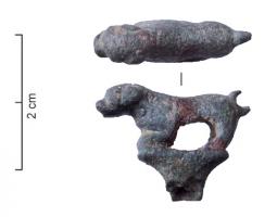AGT-4008 - Agitateur à sommet zoomorphebronze, ferTige rectiligne en fer, à sommet motif zoomorphe en bronze : chien ou fauve seul, au corps complet, posé sur un soclé en forme de petit chapiteau.