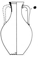 BLS-4008 - Balsamaire de type Tassinari F.2210bronzeTPQ : 1 - TAQ : 50Balsamaire à corps ovoïde et profil sinusoïdal, lèvre droite épaissie, soulignée par des filets à l'intérieur du col ; deux petites anses très simples, fixées par brasure sur le col et la panse ; fond avec cercles concentriques.