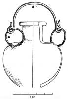 BLS-4131 - Aryballe globulaireverre, bronzeTPQ : 50 - TAQ : 200Aryballe sphérique en verre, avec un col cylindrique et deux petites anses fixées à la base du col ; ce type de vase est fréquemment équipé d'une anse filiforme en bronze, rattachée aux anses par des anneaux en fil de bronze.