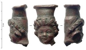 BLS-4153 - Balsamaire en forme d'enfantbronzeBalsamaire (tête seule conservée) en forme d'enfant coiffé d'une couronne (putto ? cortège brachique ?).