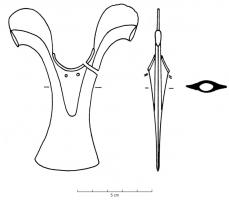 BOF-2006 - Bouterolle d'épéebronzeBouterolle coulée, avec une base trapézoïdale et deux ailettes en crosses, parfois presque refermées vers le bas.