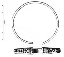 BRC-5002 - Bracelet à extrémités élargiesbronzeTPQ : 550 - TAQ : 700Bracelet ouvert, à jonc mince, dont les extrémités progressivement élargies sont ornées à leurs extrémités de décors poinçonnés et gravés.
