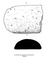 BRY-2002 - Molette de meule à va-et-vientpierreMolette de meule à va-et-vient de forme ovale ou sub-rectangulaire à angles arrondis, comportant au moins d'un côté une surface aplanie par le frottement contre la meule. 