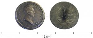 BTN-9036 - Bouton : Charles XbronzeTPQ : 1824 - TAQ : 1830Bouton plat, bélière plate au revers; dans un cadre incrusté d'un filet, buste imberbe à droite, legende autour CHARLES X  /  ROI DE FRANCE.