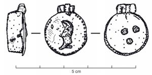 BTS-4238 - Boîte à sceau circulaire : buste ?bronzeTPQ : 1 - TAQ : 100Boîte à sceau circulaire, martelée, dont le couvercle en tôle porte un décor estampé, peu lisible, dans un cercle de grènetis : buste à gauche ?