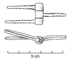 CHA-4108 - Charnière à fichesbronzeTPQ : 1 - TAQ : 300Charnière formée de deux ou trois ailes articulées autour d'un rivet. Tige de section hémisphérique ou rectangulaire, présentant parfois des incisions.