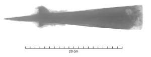 CIS-8001 - Ciseau à soie et garde : bédaneferLongue lame trapézoïdale avec un tranchant distal, munie d'une soie centrée contigüe, séparée de la partie active par une sorte de garde dont les extrémités sont repliée vers le manche. 