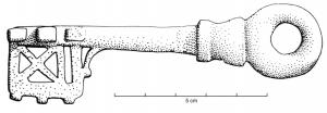 CLE-4037 - Clé à rotationbronzeClé entièrement coulée, à tige ronde terminée par un simple anneau précédé de moulures ; panneton ajouré se développant sur deux plans perpendiculaires.