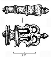 CLE-4047 - ClébronzeClé à manche coulé sur une tige de fer, dont le sommet présente un décor ajouré complexe, avec des volutes surmontées d'un bouton conique.