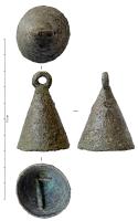 CLT-3003 - ClochettebronzeClochette conique (base ronde), percée au sommet pour le passage d'un anneau de suspension en fer, ou équipée d'un véritable anneau de suspension.