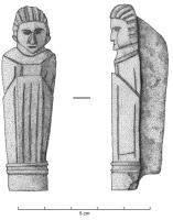 CNF-4002 - Canif : personnage (buste sur gaine)os, bronze, ferCanif dont le manche représente un personnage debout, apparemment placé derrière une gaine cannelée, ou peut-être seulement figuré en buste, sur un socle rectiligne.