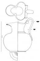 CRU-4069 - Cruche à bec tréflébronzeCruche à large embouchure tréflée sur un col court, panse subsphérique avec une épure marquée, fond plat posé sur un anneau. Anse coulée et rapportée sur l'épaule et sur la lèvre, avec une sorte de bâtonnet rectiligne épousant le bord postérieur de l'embouchure et, souvent, une tête de lion à l'emplacement du poucier.