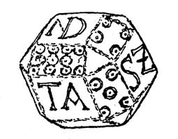 DEJ-4030 - Dé dodécaédriquepierreTPQ : 400 - TAQ : 500Dé dont les douze faces, de forme rectangulaire mais séparées par des facettes triangulaires, portent incisés des indications abrégées : NG, SZ, TA, TG, NH, ND.
