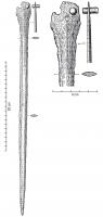 EPE-1006 - Épée à languette trapézoïdalebronzeEpée à longue lame et languette trapézoïdale peu dégagée, percée de 2 trous de rivet. La lame, très effilée présente un fort bourrelet axial qui se prolonge jusqu'à la pointe.