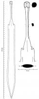 EPE-1022 - Épée à soie plate type BaierdorfbronzeEpée à soie triangulaire percée de 2 trous de rivets, prolongée par un appendice quadrangulaire de forte section qui se termine par un bouton hexagonal ; lame pistiliforme épaisse de section elliptique et à pointe aigue.