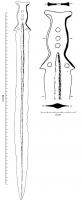 EPE-1031 - ÉpéebronzeÉpée à soie plate et bords très faiblement relevés ; garde triangulaire à deux trous de rivets et deux échancrures ; poignée à trois trous de rivets alignés ; lame à nervure médiane dans la partie supérieure, légèrement pistilliforme, à décor de filets gravés longitudinaux.