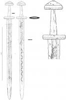 EPE-6001 - ÉpéeferÉpée damassée à large gorge médiane et pommeau hémisphérique orné d'un motif stylisé; 