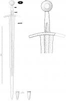 EPE-9010 - Épée d'estocferÉpée à pointe acérée ; pommeau formé de deux troncs de cône accolés à un court cylindre ; garde plate légèrement incurvée.