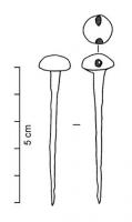 EPG-1102 - Épingle à tête globulaire perforéebronzeEpingle à tête globulaire, de forme lenticulaire aplatie parallèlement ou perpendiculairement à la tige, et perforée transversalement.