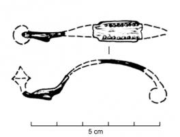FIB-2653 - Fibule type Golfe du Lion, Tendille 3a/b var. CouffoulensbronzeFibule à arc plat, mais comportant au sommet une plaque rectangulaire ornée ; pied redressé terminé par un bouton conique ; ressort de type inconnu (long ou court).