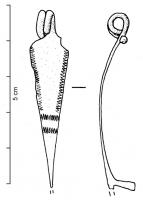 FIB-3054 - Fibule de Nauheim 5a40bronzeRessort à 4 spires et corde interne ; arc plat, triangulaire et tendu ; porte-ardillon trapézoïdal ajouré ; arc orné de deux lignes latérales 