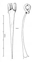 FIB-3076 - Fibule de Nauheim 5c8bronzeTPQ : -120 - TAQ : -50Ressort à 4 spires et corde interne ; arc plat, triangulaire et tendu ; porte-ardillon trapézoïdal ajouré ; arc à tête légèrement élargie (comme sur le type de Lauterach), et orné d'une succesion de fines cannelures longitudinales.