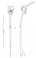 FIB-3091 - Fibule de Nauheim 5c22bronzeRessort à 4 spires et corde interne ; arc plat, triangulaire et tendu ; porte-ardillon trapézoïdal ajouré ; arc étroit sur toute la longueur, mais encoché vers le milieu de deux sillons transversaux délimitant une sorte de côte.