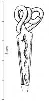 FIB-3099 - Fibule de Nauheim 5a47/48bronzeFibule de Nauheim (arc triangulaire, ici élargi à la tête) ; porte-ardillon trapézoïdal ajouré ; ressort bilatéral à 4 spires et corde interne ; arc orné d'une échelle ondée estampée, avec une échelle rectiligne de chaque côté de l'arc.