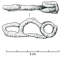 FIB-3519 - Fibule laténienne de type MarzabottoferFibule filiforme, arc en anse de panier, pied redressé vers l'arc et terminaison filiforme;  gros ressort à corde externe, peu de spires.