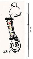 FIB-41515 - Fibule émailléebronzeTPQ : 125 - TAQ : 200Fibule à charnière de type i. La tête présente une plaque semi(circulaire surmontée d'un anneau. L'arc, en relief, présente une série de loges rectangulaire encadrée de disque transversaux. Le pied se présente sous la forme d'une plaque en anneau.