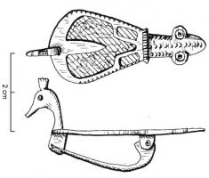 FIB-4327 - Fibule zoomorphe : oiseaubronzeTPQ : 150 - TAQ : 300Fibule zoomorphe émaillée, l'arc ovale creusé d'une loge d'émail avec une bande lisse derrière le cou et deux logettes latérales vers la queue, qui est couverte de lignes d'arcs de cercles estampés ; la tête seule est en ronde-bosse.