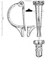 FIB-4968 - Fibule pseudo-La Tène II à charnièrebronzeFibule de type La Tène II, arc plat, et articulation à charnière, dont le pied retourné vers la tête est fixé à l'arc par une bague lisse ; arc généralement en arc de cercle assez régulier.