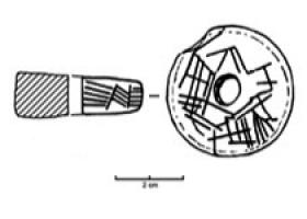 FUS-2030 - Fusaïole discoïdaleterre cuiteFusaïole discoïdale, faces planes, orné d'incisions.
