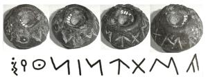FUS-3021 - Fusaïole inscriteterre cuiteTPQ : -250 - TAQ : -100Fusaïole modelée, de profil bitronconique, gravée sur une ou deux faces d'une inscription en caractères ibériques.