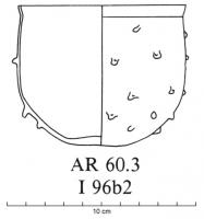 GOB-4049 - Gobelet AR 60.3verreGobelet ovoïde, bord coupé, fond plat ; sous la lèvre, la panse est ornée d'un semis de picots de verre rapportés.