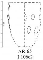 GOB-4054 - Gobelet, type AR 65verreGobelets ovoïde, bord coupé ; la panse est ornée d'un semis de taches ovales de verre bleu.