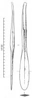 HCH-1030 - Hache-spatulebronzeTPQ : -1700 - TAQ : -1500Hache à moyens rebords, dont le corps très étroit se prolonge par une lame effilée, en forme de spatule allongée.