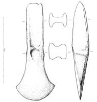 HCH-1206 - Hache à talon : proche du type normand mais sans décor dans les gorgesbronzeHache à talon surbaissé formant un anneau creux fermé, d'inspiration type normand, avec tranchant en arc de cercle s'évasant