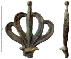 IND-9148 - Ornement en forme de palmettebronzeOrnement en forme de palmette, dont les pointes re replient vers la languette centrale, plus allongée ; bouton sommital.