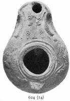 LMP-4159 - Lampe syro-palestinienne tardiveterre cuiteLampe de forme ronde avec large bec. Epaule  richement décorée de motifs en spirale et d'une croix. Anse conique en bouton.
