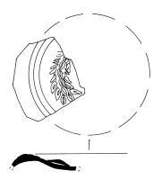 LMP-42704 - Lampe à bec rond, Guirlandeterre cuiteLampe à bec rond, anse perforée ; sur le médaillon, limité par trois cercles incisés, guirlande.
