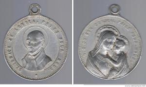 MER-9011 - Médaille religieuse : saint Ignace de LoyolaaluminiumMédaille religieuse représentant, d'un côté, une Vierge à l'Enfant, de trois-quarts, et de l'autre, saint Ignace de Loyola en buste, de trois-quarts gauche. Inscriptions.